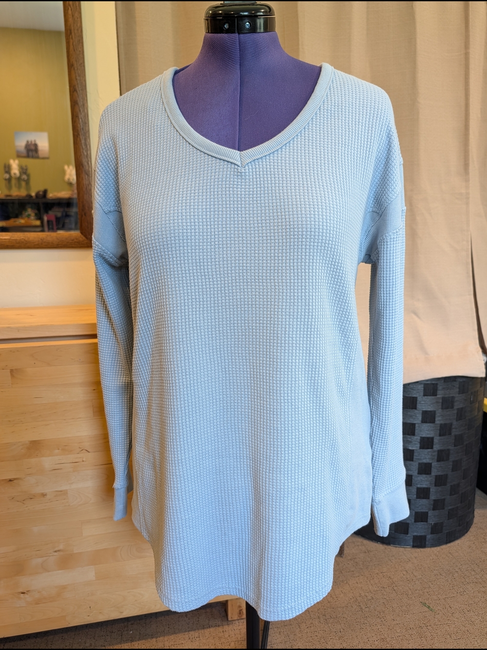 C&C California Pale Blue Waffle V-Neck Long Sleeve Top - Picture 9 of 13